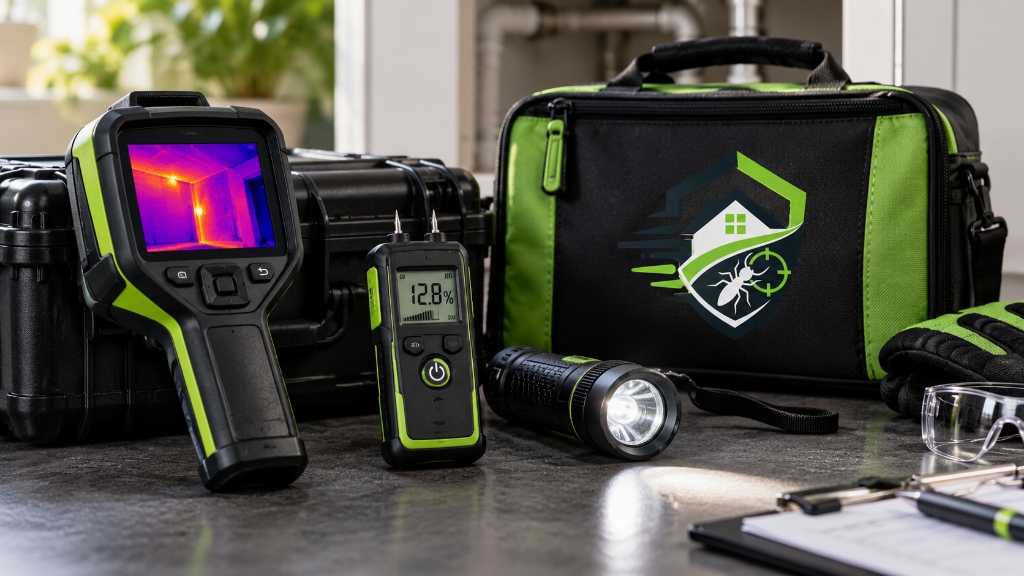 FLIR thermal imaging camera, digital moisture meter, inspection flashlight, and Fix4U field kit
