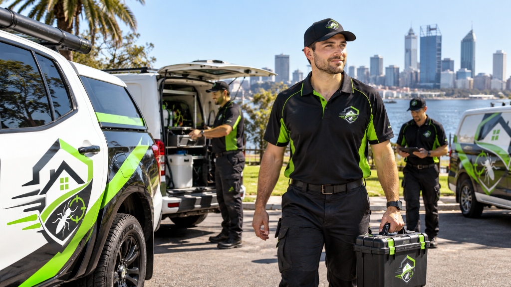 Fix4U mobile pest control fleet and technician team parked at Swan River with Perth CBD skyline