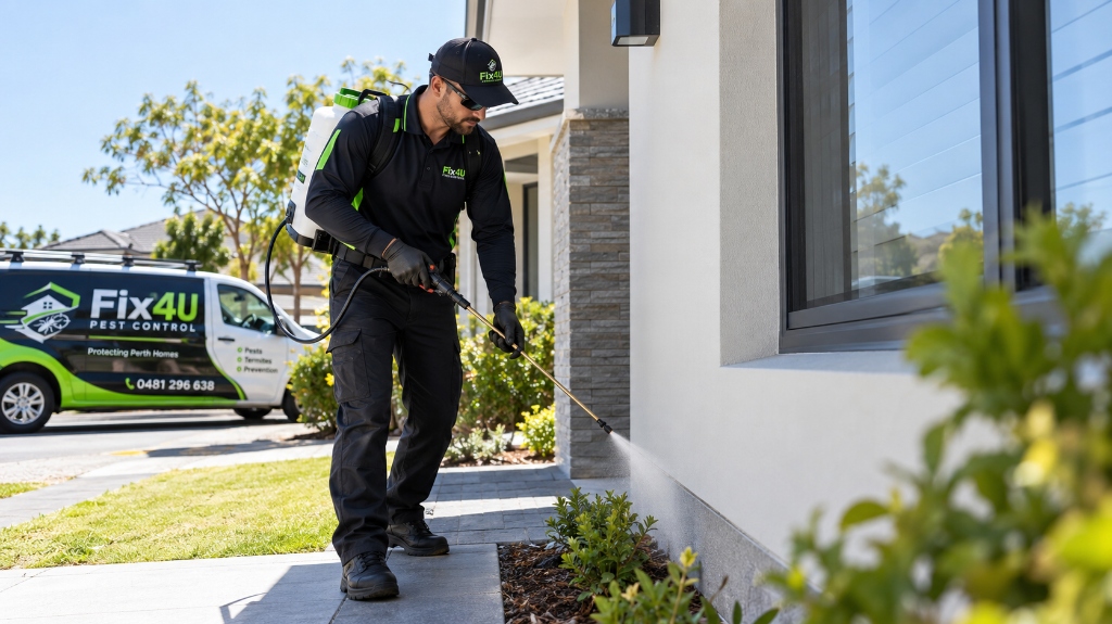 Fix4U Pest Control technician applying an exterior perimeter barrier spray with branded service van on a Perth residential property.