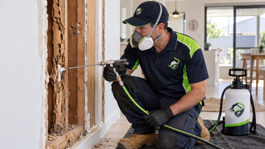 Licensed Fix4U technician applying precision Termidor foam into damaged timber wall framing studs