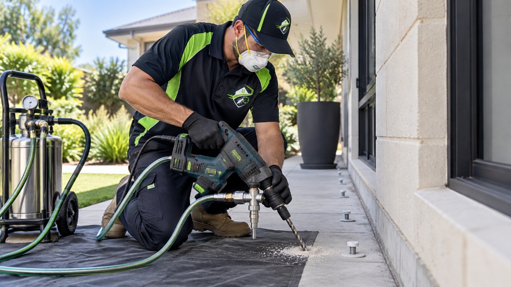 Licensed Fix4U technician rotary hammer drilling concrete paving at 150mm intervals along external brickwork for sub-slab termiticide barrier injection in Perth