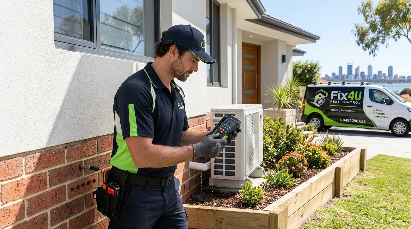 Fix4U licensed technician using digital moisture probe to inspect external air conditioning drainage, garden bed bridging, and brick weep holes on a Perth home