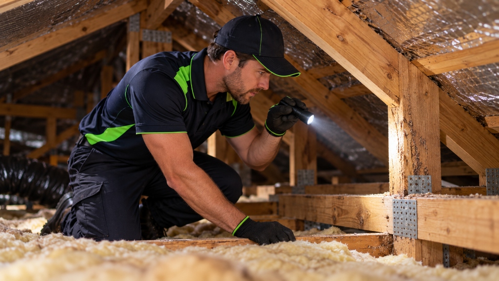 Fix4U licensed pest management technician visually inspecting accessible roof framing timbers and trusses for timber pests in Perth