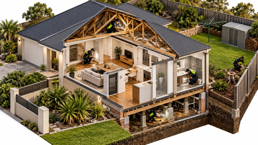 3D architectural cutaway diagram illustrating the four inspection zones on a Perth residential property: interior, roof space, subfloor, and boundary grounds