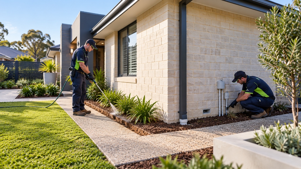 Licensed Fix4U pest technicians servicing external termite reticulation junction manifold box on a Perth home