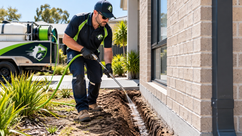 Licensed Fix4U technician applying termiticide into excavated foundation trench along perimeter brickwork in Perth